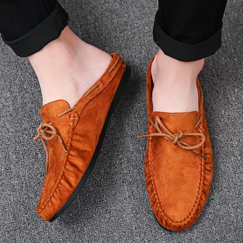 Man Mules Suede Leather Loafers Slipper Summer Male Moccasins Half Shoes For Men Casual Driving Shoes Masculino Mens Flock Flats