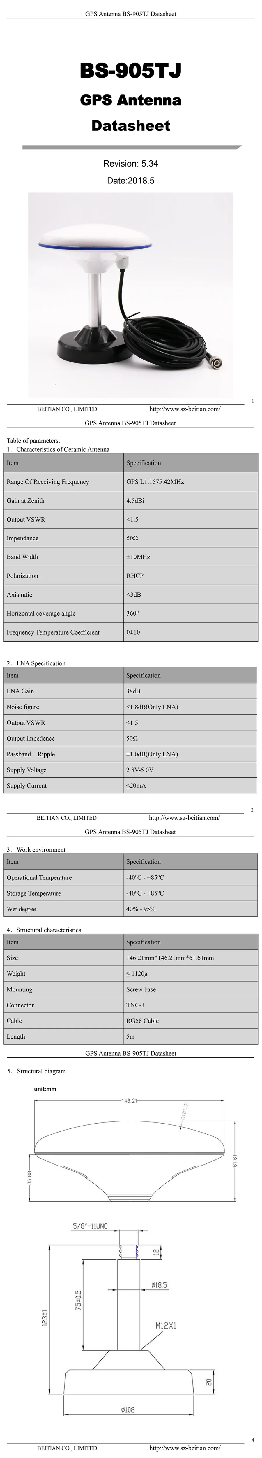 BEITIAN GLONASS BDS GALILEO gps антенна, высокая точность, магнитное крепление, 5 м RG58 кабель, TNC-J разъем, BN-905TJ