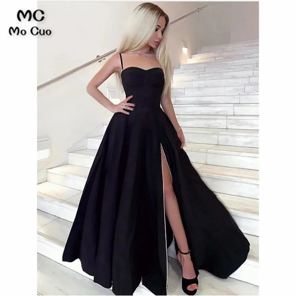 

Black Evening Dresses Long Sweetheart Spaghetti Straps Front Slit Women's Evening Dress Satin Prom Dress Custom Made