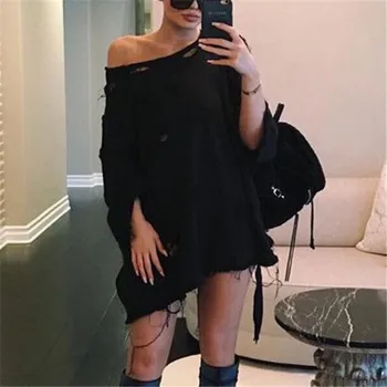 

Female Loose Sweatshirt New Fashion Hole Long Sleeves O-neck Long Tops Wear Ladies' Autumn Black Tunic Women Casual Pullover Hot