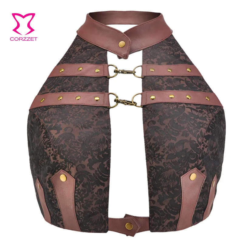 Коричневая парча и искусственная кожа короткий сексуальный топ с открытой
