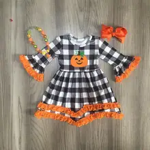 Осенне-зимнее Хлопковое платье в клетку с тыквой для маленьких девочек на Хэллоуин; детская одежда; эксклюзивные аксессуары до колена с длинными рукавами
