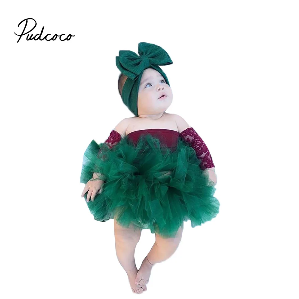 На возраст от 0 до 18 месяцев, Pudcoco с открытыми плечами комплект из кружевного верха+ фатиновые юбки-пачки рождественское платье для новорожденных одежда для малышей для девочек, вечерние платья