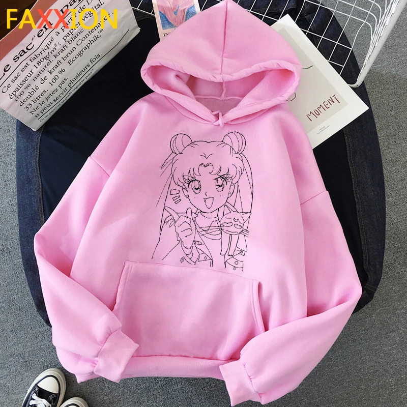 Сейлор Мун каваи аниме Harajuku Толстовка для женщин Ullzang милый кот мультфильм корейский стиль толстовка 90s Модный Графический Hoody женский