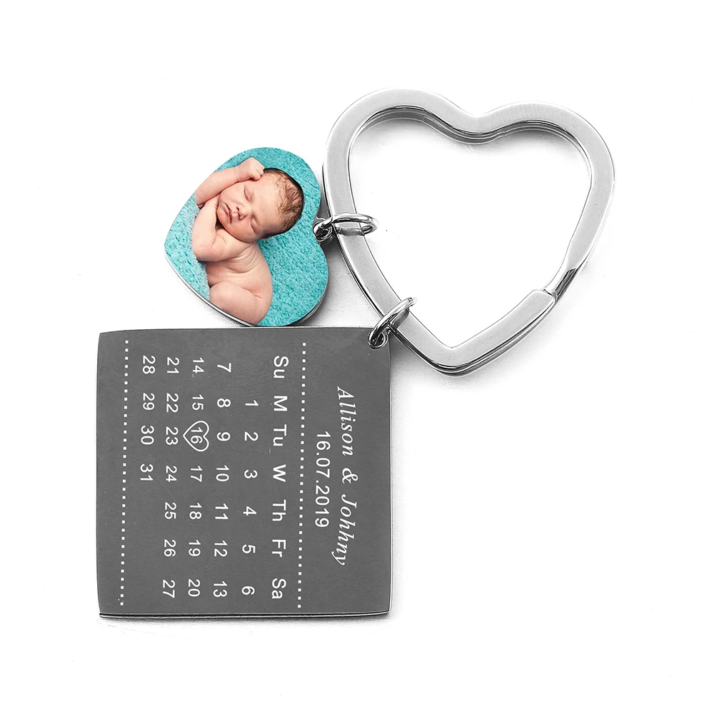 Персонализированные пользовательские брелок для фотографии из нержавеющей стали выгравировать фото имя календарь юбилей с брелок с сердечком для Женщины Мужчины подарок
