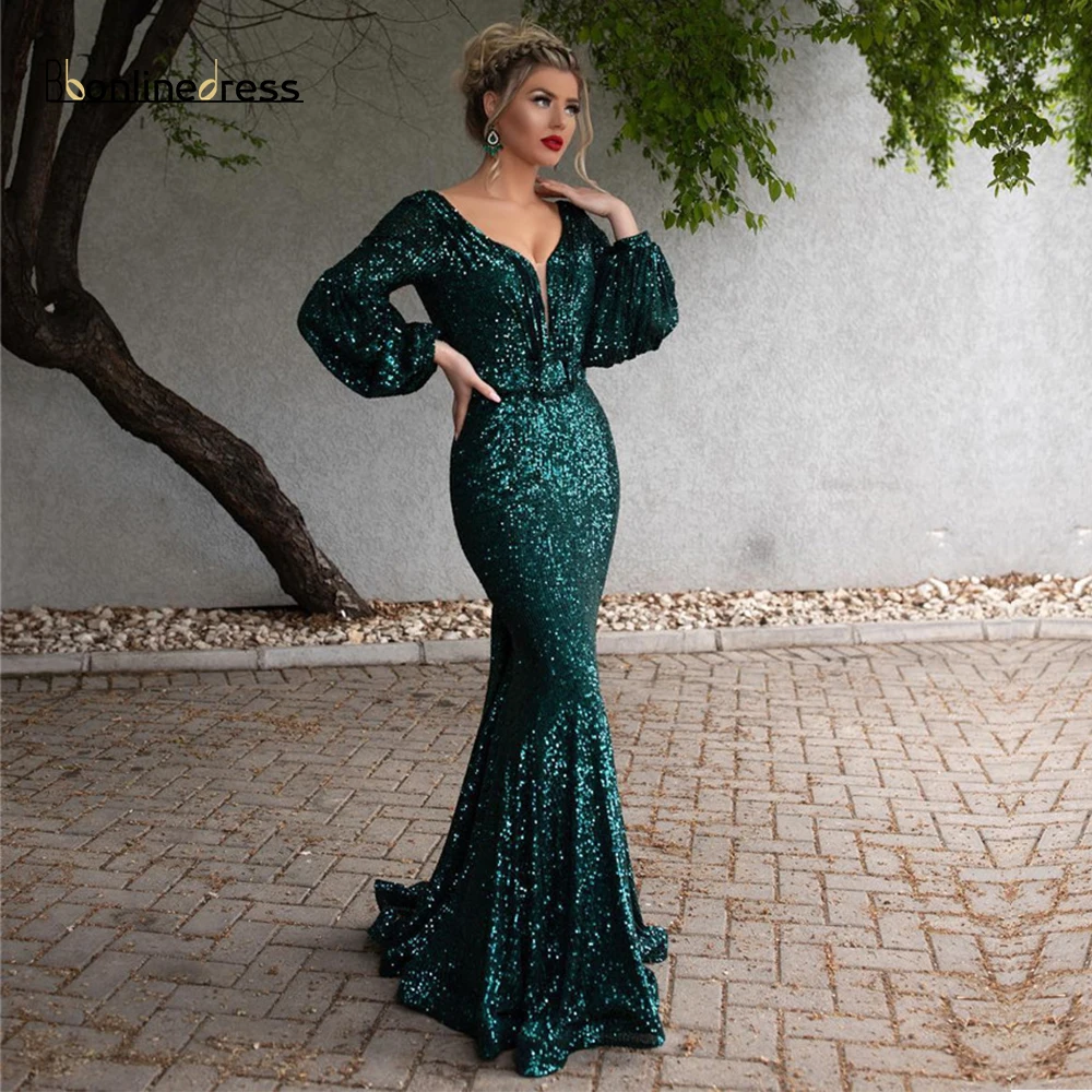 Темно зеленое вечернее платье Bbonlinedress с длинным рукавом и V образным вырезом