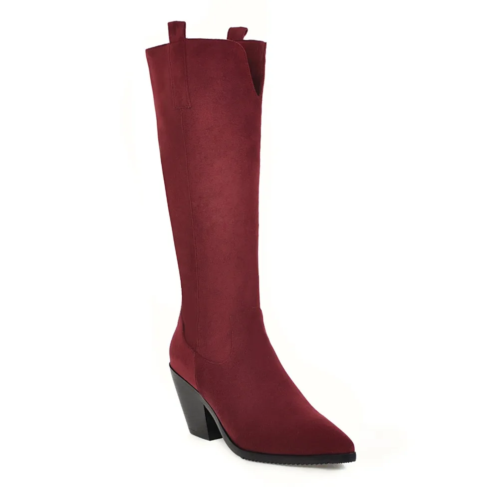 Brand Designer Faux Leather Women Knee High Boots western cowboy Wedge Pointed toe Boots Woman Long Chunky High Heel Botas Mujer