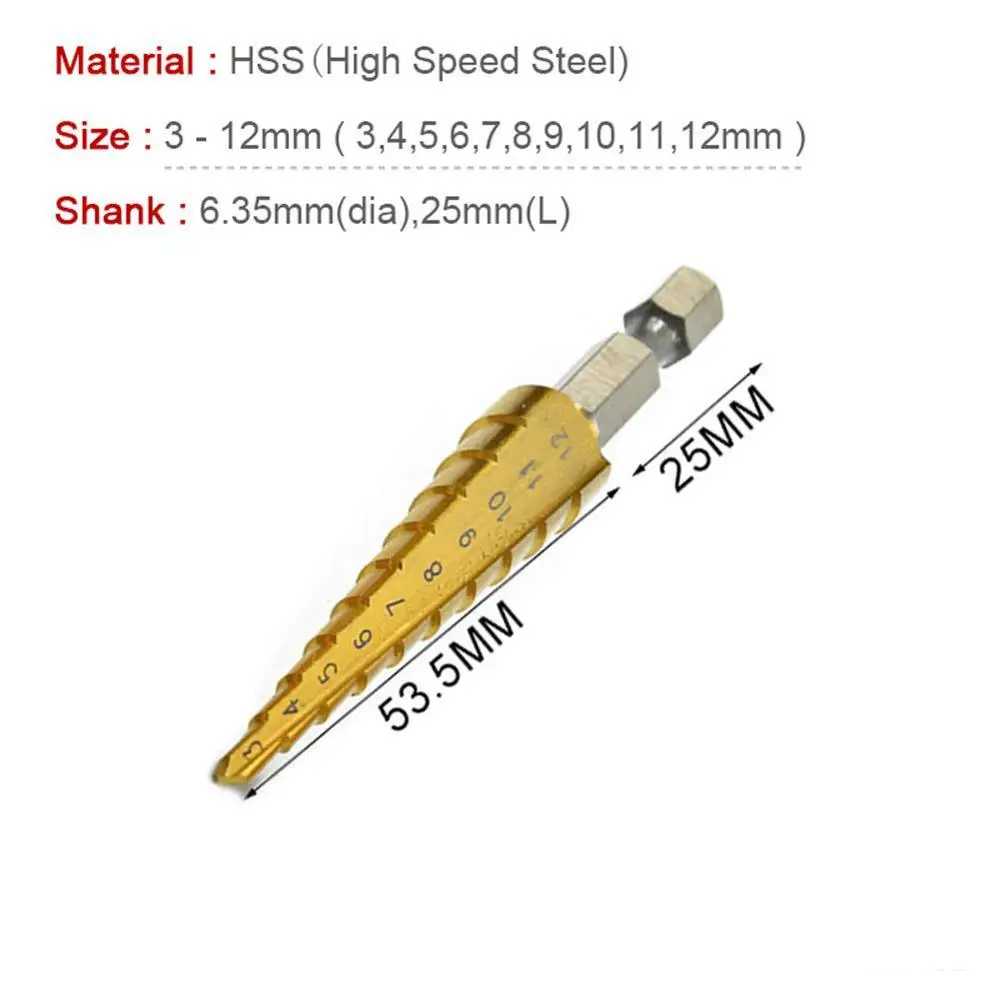 3-12mm 3 шт титановые пластины высокоскоростные стальные ступенчатые сверла набор сверл набор для сверления отверстий из листового металла 4-12 мм 4-20 мм 4-32 мм 3-12 мм - Цвет: 3-12mm
