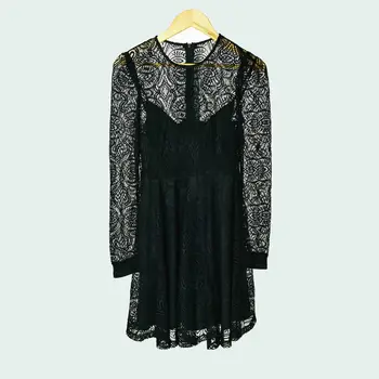 

Women Mini Pleated Dress Lace Hollow out O-neck Long Sleeve Women Fashion Dresses Autumn and Winter