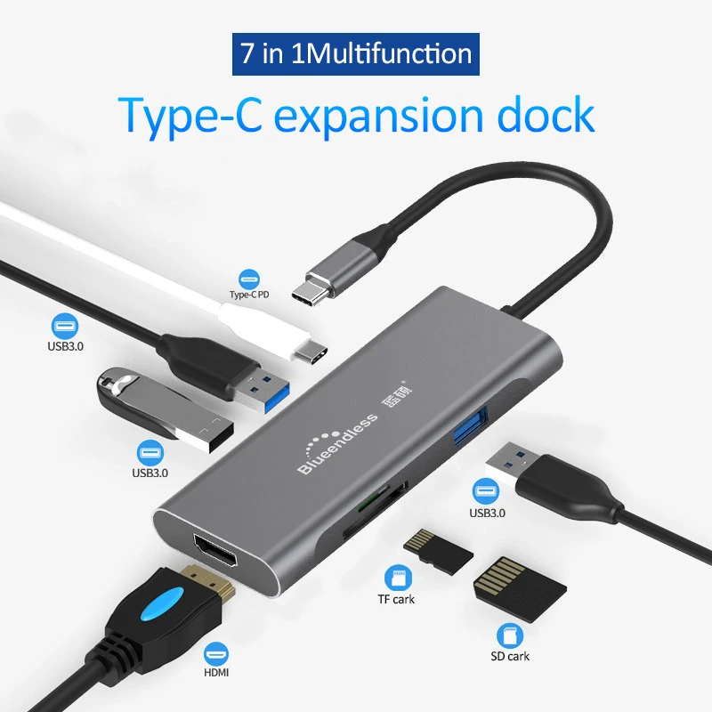 7 In 1 9 в 1 type C USB C док-станция для ноутбука USB 3,0 HDMI RJ45 Gigabit PD Fealushon для MacBook samsung type C док-станция usb-хаб - Цвет: 7 In 1