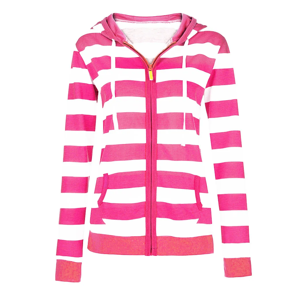 Hot Pink Женские полосатые толстовки с капюшоном, куртки на молнии с карманами, топы с капюшоном, свитер, пальто, повседневный Тонкий джемпер, свитер 10,15 - Цвет: Hot Pink