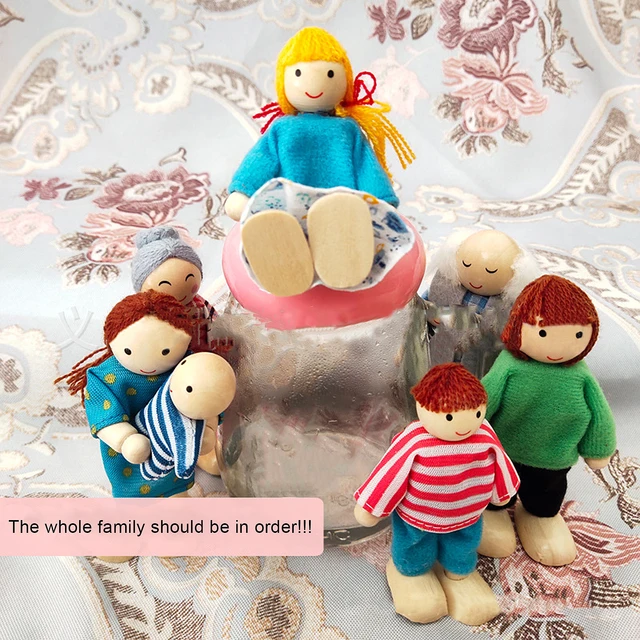 7Pcs/Set Cartoon Miniature Family Wooden Movable Jointed Doll Parent-child Toys Children Kids Gift Muppet Pretend Toys 6