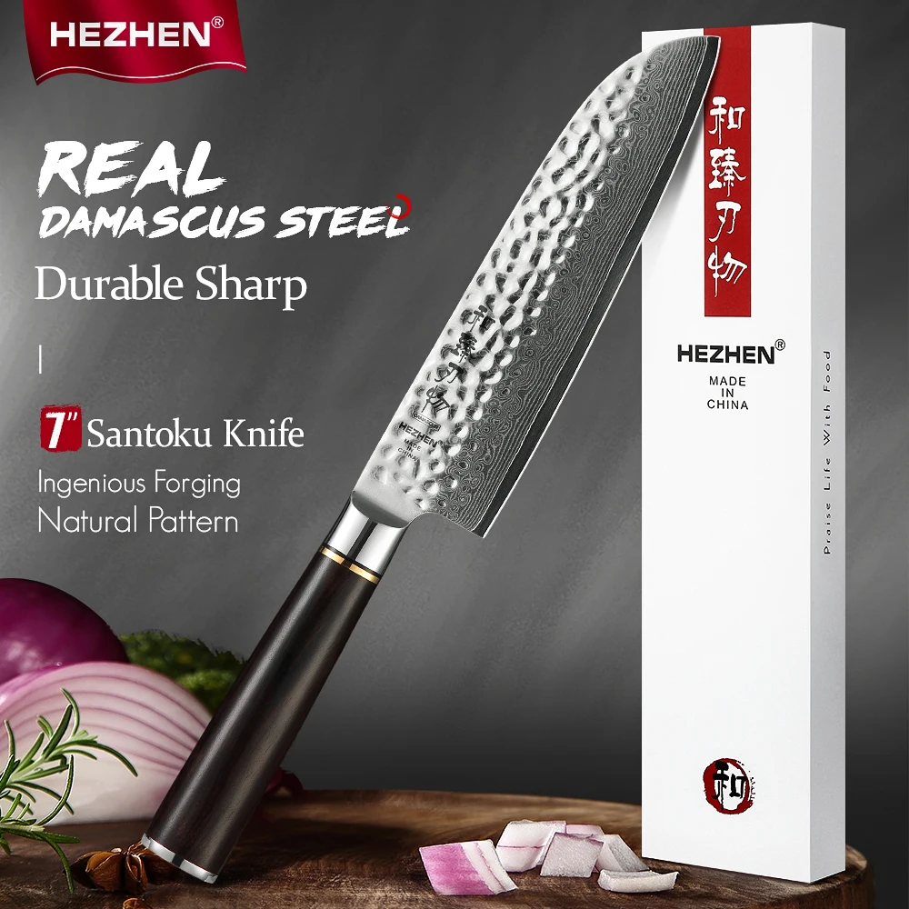 HEZHEN Классическая серия дамасская сталь 7 дюймов нож Santoku японский кухонный