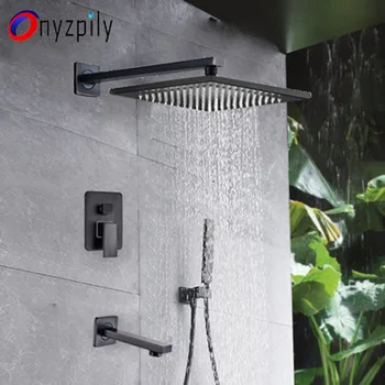 

Shower Faucet Black 8 10 12 16" Concealed 3-ways Mixer Valve Bath Shower Mixers with Handshower Wall Mount Shower Arm Brass