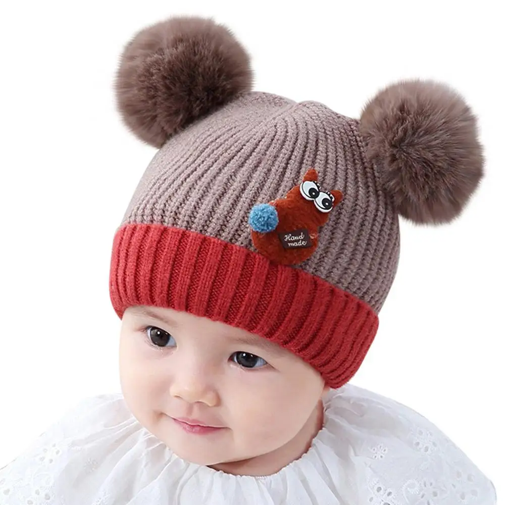 Coffee baby hat Детская шапка, модная, с мультяшными помпонами, милая, осенняя и зимняя, теплая, кепка вязаная шапка, новинка года, реквизит для фотосессии новорожденных, шапка 40-48 см - Цвет: Coffee baby hat