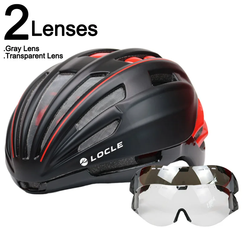 LOCLE Goggles велосипедный шлем дорожный горный MTB велосипедный шлем Casco Ciclismo Сверхлегкий в форме велосипедный шлем с очками 55-61 см - Цвет: Black Red 2 Lenses
