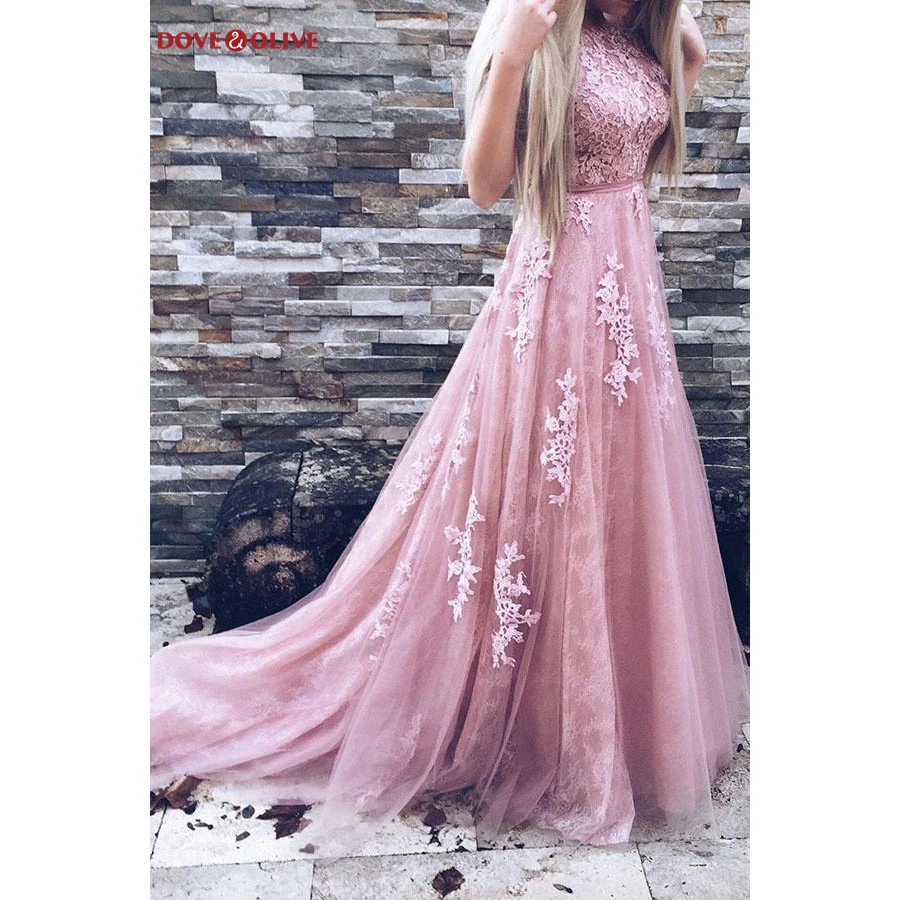 

A-Line Prom Dress Court Train Backless Pink Tulle with Lace Appliques Backless Belt Evening Gown Sleeveless Occasion Dresses