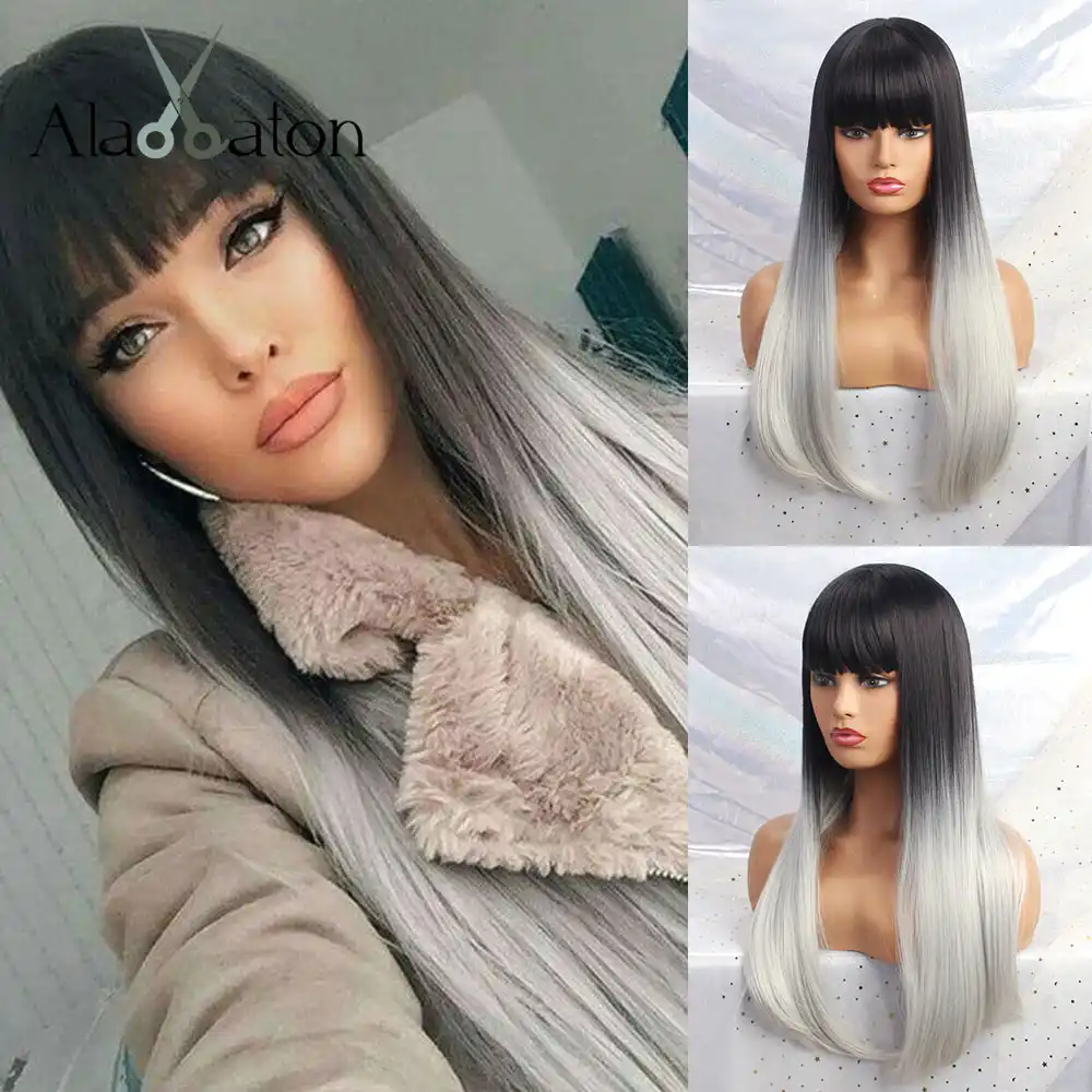 Alan Eaton Long Synthetic Wig With Bangs Black White Ombre Color