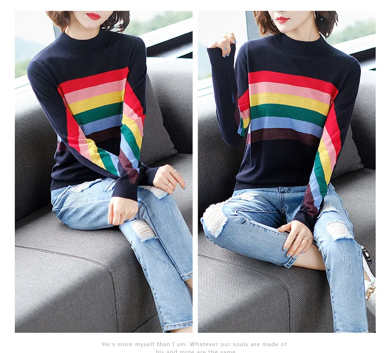 Autumn Women Christmas Sweater O-neck Rainbow Stripes Loose Pullovers Korean Chic Knitted Jumpers Harajuku Winter Clothes