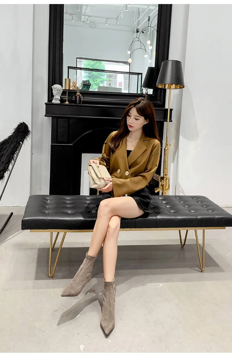 Kitten Heels booties pointed toe fashion women boots winter suede leather chelsea mid-calf martin botas stretch slip on botines