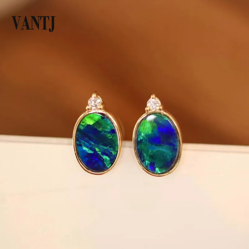 

VANTJ Real Natural Opal Earring Sterling 14K Gold Gemstone Oval 7*9mm from Australia Diamonds for Women Party Birthday Gift