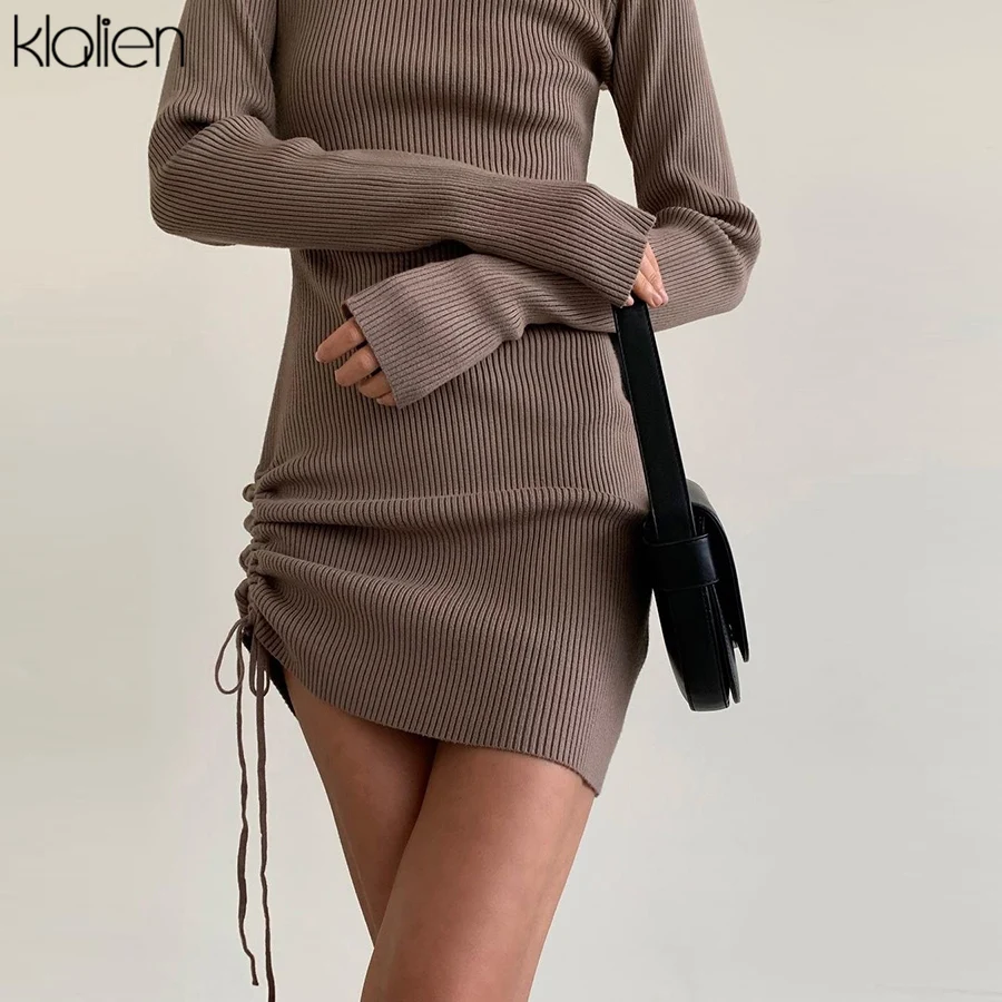 KLALIEN Autumn New Sweater Dress Women Long Sleeve Turtleneck Knit Solid Slim Drawstring Bodycon Dress Thicken Warm Streetwear homecoming dresses