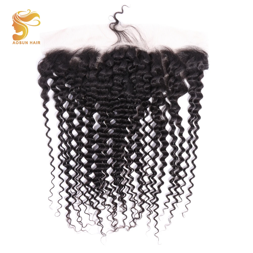 

AOSUN HAIR Brazilian Deep Wave Lace Frontal 13X4 Ear to Ear Free Part Remy Human Hair Closure 10-20 inch Natural Color