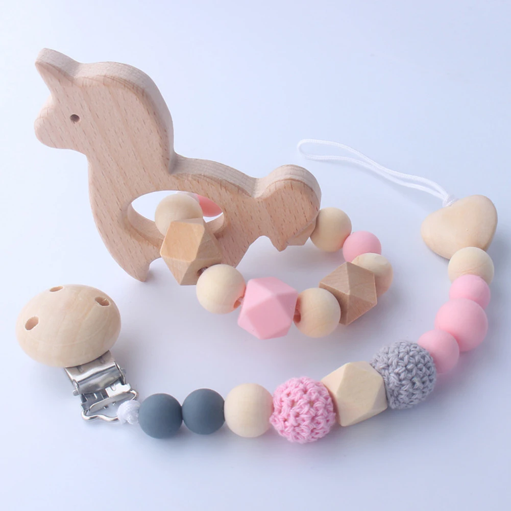 2Pcs/Set Baby Wooden Animal Teether Toy Silicone Beads Pacifier Holder Clip New
