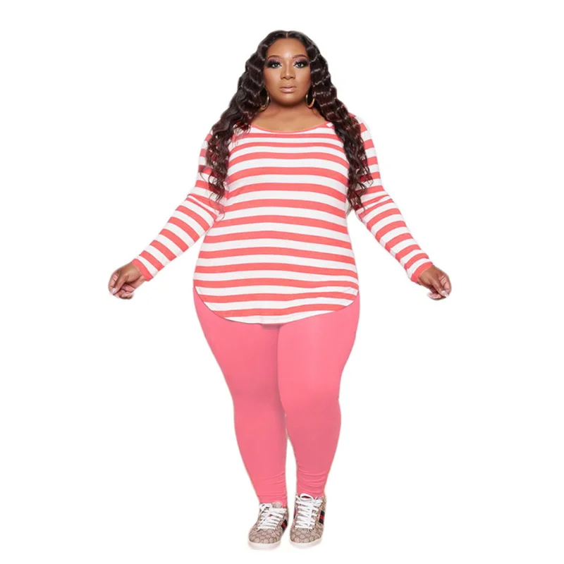 Conjunto de Duas Conjuntos de Correspondência Peças Feminino Tamanho Grande Agasalho Outono Lazer Roupas Manga Completa Listrado Pulôver Topo Sólida Calças Compridas 10 Plus size Conjuntos