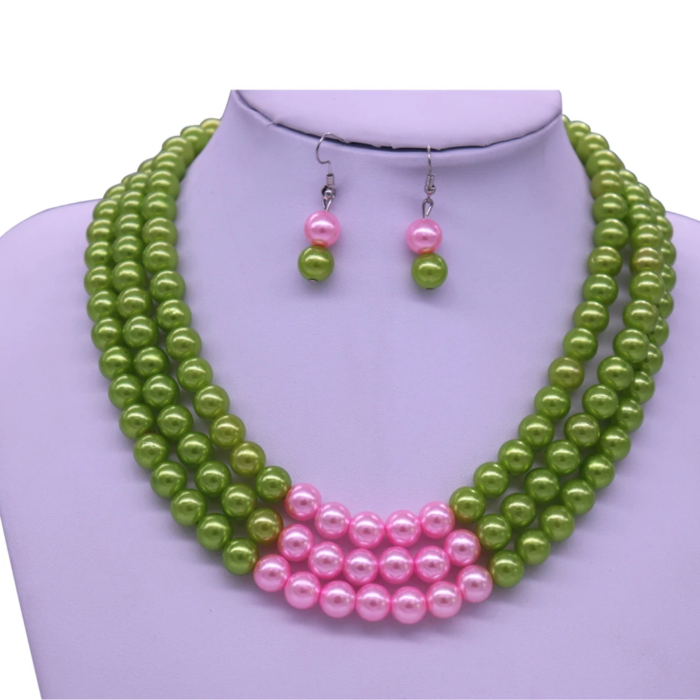 

Abadon Handmade Three Layers Pink Green Pearl Choker AKA Necklaces Greek Letter Alpha Ka Alpha Sign Statement Jewelry Women Gift