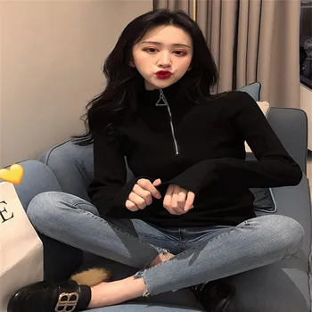 

Focal20 Streetwear Solid Zip Up Women Knit T Shirt Stand Collar Casual Slim Female T Shirts Tops Spring Autumn Lady T-shirts Tee