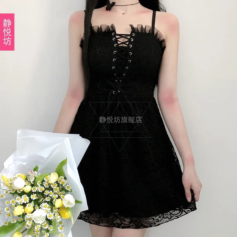 

Gothic Style Dark Black Lace Strap Dress Black Japanese Style Sexy Small Black Dress Lolita Dress Small Dress for Women