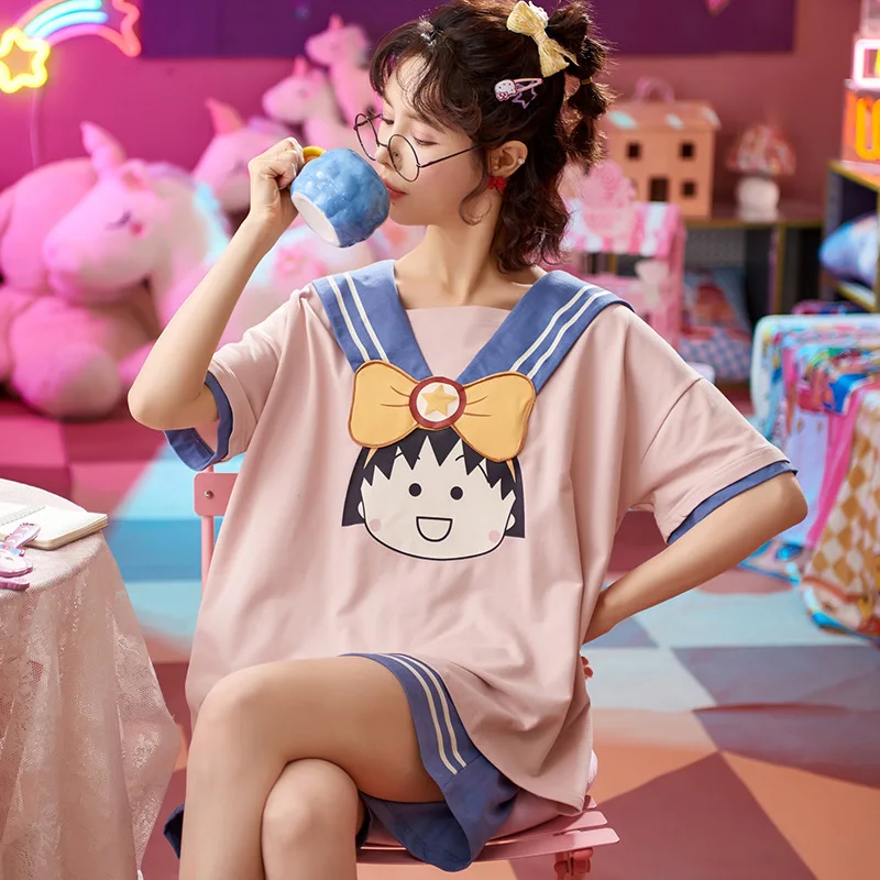Pajamas Set Women New Korean Chic Sweet Summer Shrort Sleeve Schoolgirls Homewear Kawaii Japan Anime Chibi Maruko-chan Sleepwear
