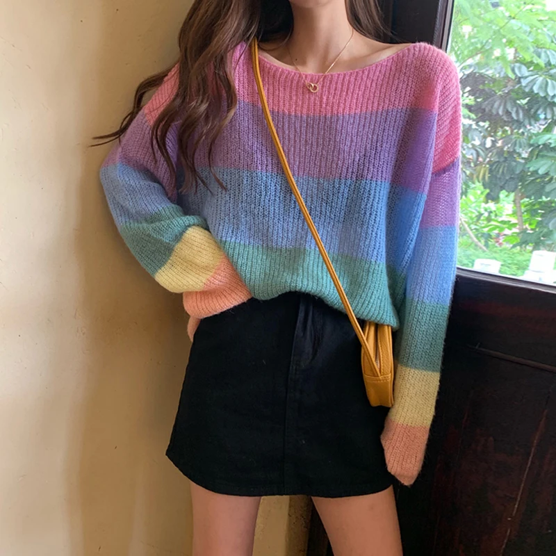 

2020 New Women Fashion Ins Sweater Pullovers Casual Striped Shirt Long Sleeve O-neck Knitted Rainbow Winter Loose Harajuku Tops