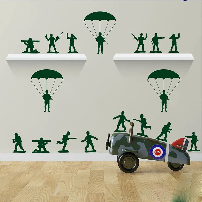 17Pcs Cartoon Army Men Paratroopers Soliders Wall Sticker Baby Nursery Kids Room Military Soliders Army Men Wall Decal Playroom