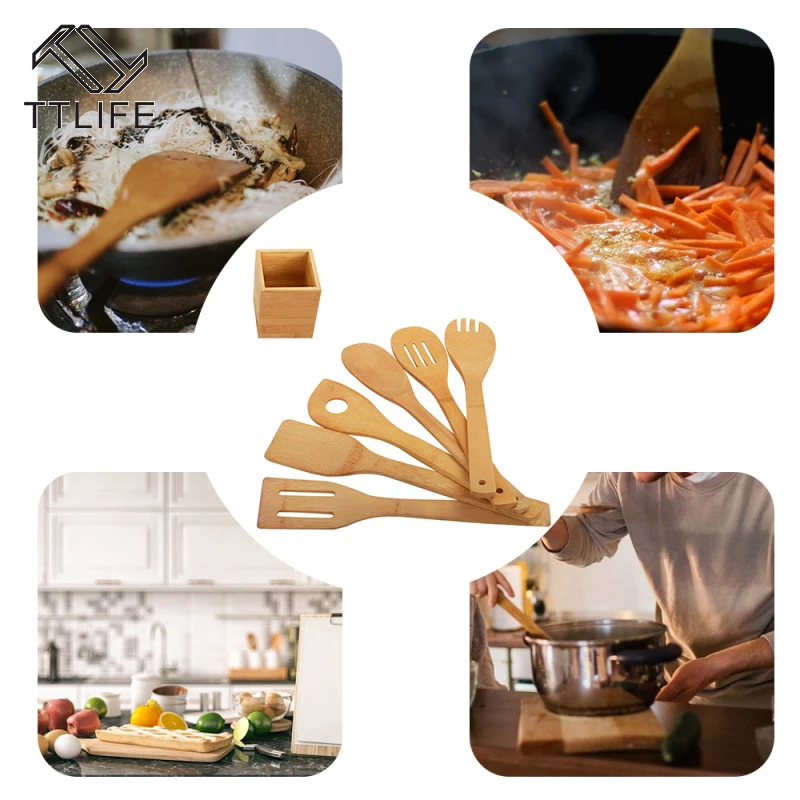 

5/6Pcs Bamboo Wooden Cooking Utensils Set Non-stick Spatula Soup Spoon Shovel Wooden Handle with Storage Box Kitchen Tools Set