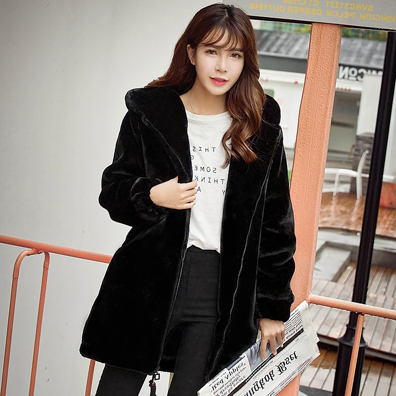 

2020 New Winter Women Warm Fluffy Jacket Faux Fur Coat Female Long Casual Black Coats Hooded Chaqueta Mujer KJ314
