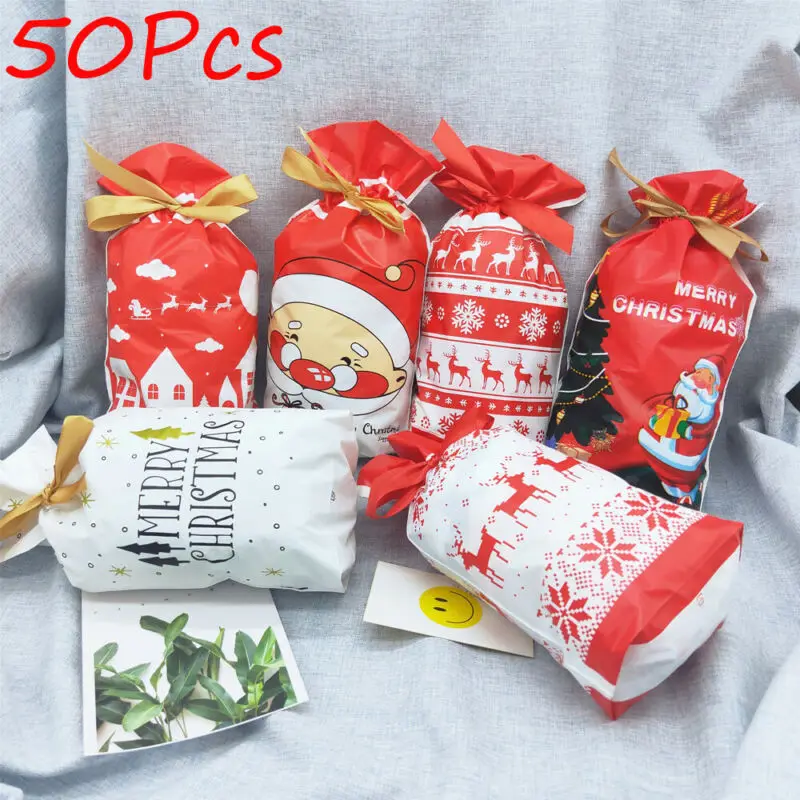 50 шт./компл. Санта Клаус Xmas держатели для подарков на Рождество мешок с персонажем из мультфильмов высокого качества шнурок лося подарок пакет для конфет