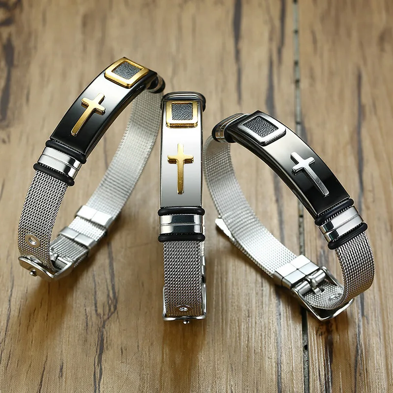 

Bracelet for Women Men Bangle Watch Band Design Stainless Steel Net Band Christ Cross Prayer Male Jewelry Adjustable Length