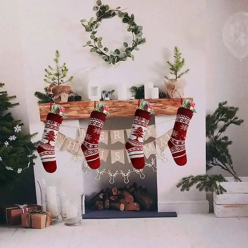 4Pcs Christmas Hanging Sock Classic Gift Filler Decoration Ornament Candy Bag
