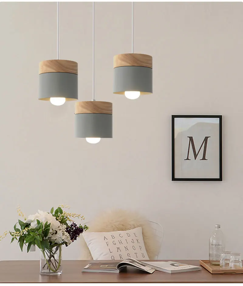Hbcfebe934948458c9ac6969f17614480G Best selling Nordic minimalist LED E27 chandelier modern macarons chandelier home decoration wrought iron wood decorative light