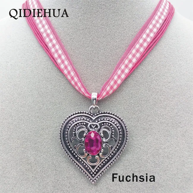 mx018 fuchsia Античное серебро любовь подвески для ожерелья в форме сердца Октоберфест Эдельвейс массивное ожерелье для женщин блестящий камень лента шнур чокер - Окраска металла: mx018 fuchsia