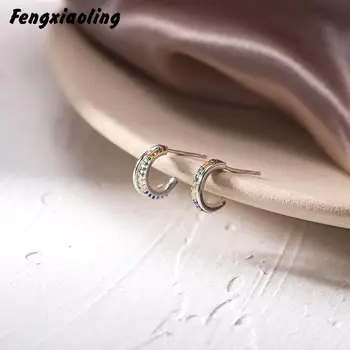

Fengxiaoling New Arrivals 100% Genuine 925 Sterling Silver Multicolor Zircon Earrings For Women Fine Jewelry Cute Accessories