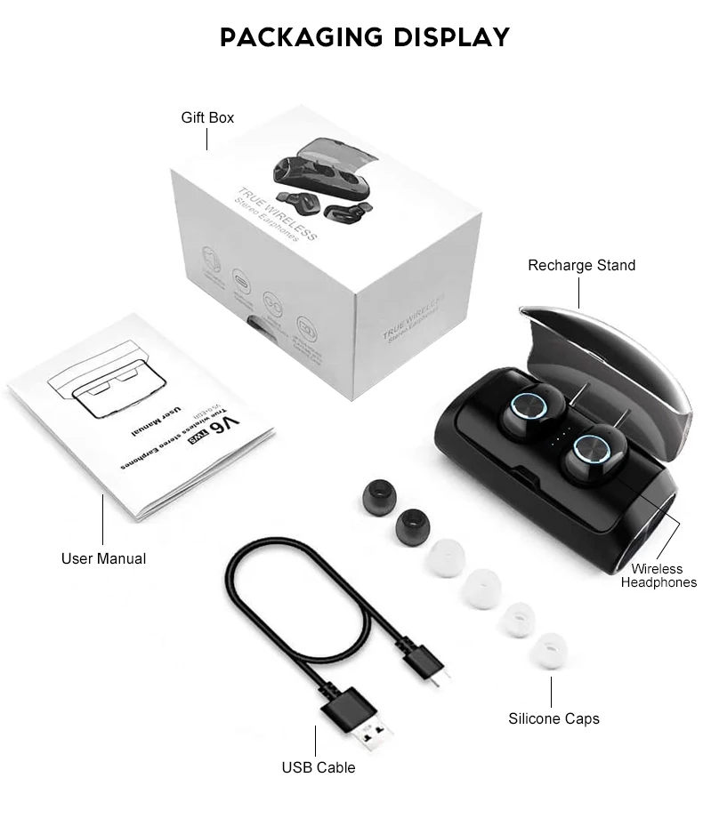 V6 Bluetooth наушники V5.0 с шумоподавлением Спортивная игровая гарнитура Ture беспроводные стерео наушники с зарядным устройством 2600 мАч