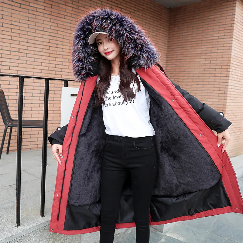 

Parka Women's Long 2019 Winter New Style Fashion Embroidery Fur Collar Cotton Coat Deconstructable Inner Wearing Large Size Cott