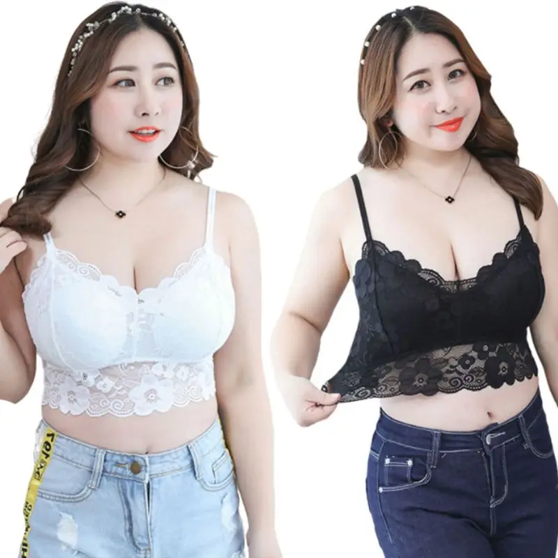 

Womens Plus Size Sexy Deep V-Neck Crop Top Seamless Scalloped Sheer Floral Lace Bralette Padded Wireless Underwear Vest XL-3XL