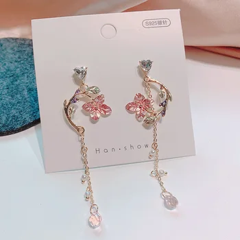 

Korean Vintage Metal Pink Flower Long Dangle Earrings For Women Girls Brincos Temperament pendientes mujer Jewelry
