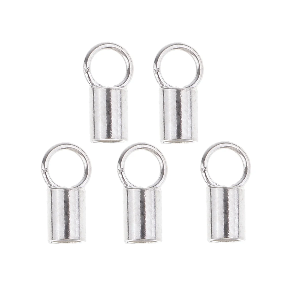 5 Pieces 925 Sterling silver color Tube Crimp Beads Leather Cord End Caps with Loop Jewelry Findings 2mm Inner Diameter