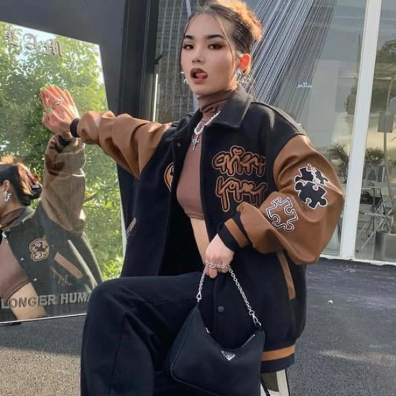 Bomber Jacket Women Vintage Hip-hop Baseball Jacket Letters Embroidery Patchwork Streetwear College Rock Jacket Varsity Jacket