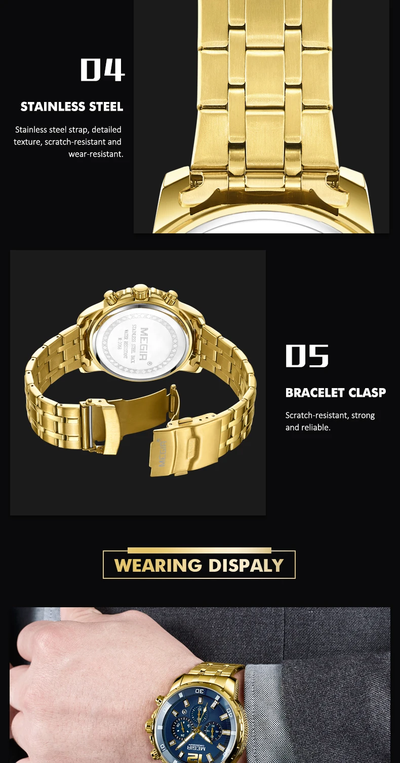 Люксовые часы от бренда Megir, Для мужчин штаны золотого цвета Нержавеющая сталь кварцевые часы для бизнеса хронограф Analgue наручные часы для мужчин Водонепроницаемый световой 2068GGD-2N3